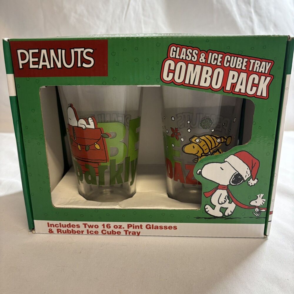 New PEANUTS Glasses Christmas Snoopy Glasses & Ice Cube Tray Combo Pack 16 oz